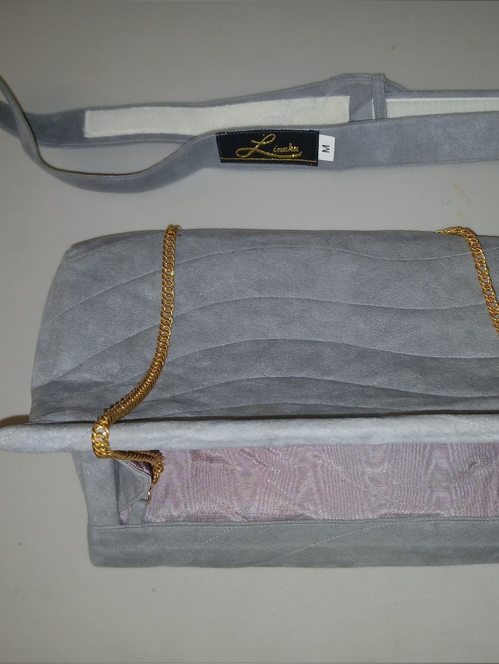 Vintage Quilted Gray Suede Shell Clutch w/ Chain - Picture 9 of 9